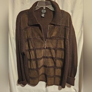 Brown Zip-Up Sweater Jacket By Designers studio originals. Sz 2X Leather Front.
